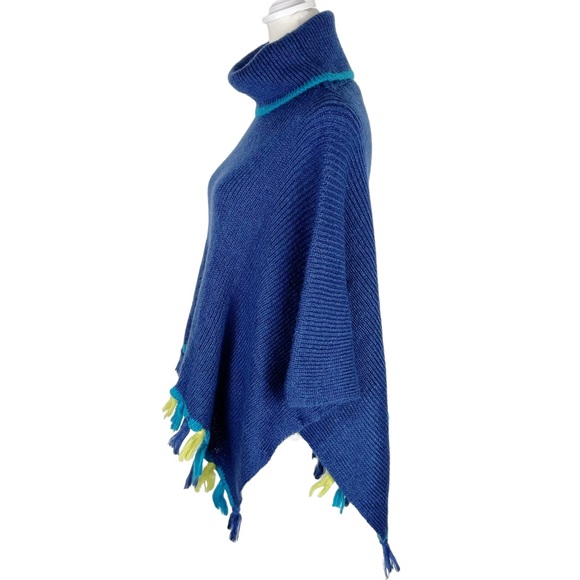 Libby Edelman Poncho Fringed Sweater NWT Blue Lime Green Turquoise One Size - Picture 2 of 11